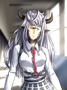 1girl belt black_belt black_horns black_skirt blurry blurry_background breasts buttons cacodemon chain closed_mouth collared_shirt commentary commentary_request cuffs cyclops day demon_girl doom_(series) doom_64 english_commentary grey_hair half-closed_eye hallway horns humanization indoors light_frown light_rays long_hair long_sleeves looking_at_viewer medium_breasts o-ring_strap one-eyed personification plaid_clothes plaid_skirt pleated_skirt pointy_ears school shackles shirt skirt solo spikes substance20 upper_body very_long_hair white_shirt window yellow_eyes 