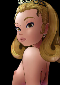 1girl black_background blonde_hair closed_mouth completely_nude disney earrings expressionless female_focus flat_chest forehead from_side gem highres jewelry lips loli looking_at_viewer medium_hair nipples nude oira_wa_arumajiro princess_amber red_gem sidelocks simple_background sofia_the_first solo tiara upper_body yellow_eyes