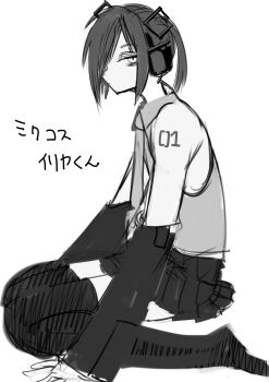  2n5 absurdres alternate_hairstyle androgynous full_body genderswap genderswap_(ftm) greyscale hair_over_one_eye hatsune_miku highres monochrome necktie shirt short_hair simple_background sitting skirt sleeveless sleeveless_shirt solo thighhighs white_background 