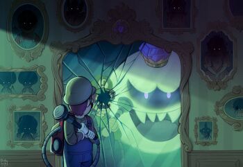  absurdres bowser broken_mirror commentary crown didy414 different_reflection english_commentary facial_hair fangs gloves glowing glowing_eyes highres king_boo looking_back luigi luigi's_mansion mario mario_(series) mirror mirror_selfie mustache nintendo overalls poltergust_3000 portrait_(object) princess_daisy princess_peach professor_elvin_gadd reflection selfie shaded_face toad_(mario) toadette white_gloves 