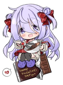  1girl :d amamiya_shizuku_(hizuki_yayoi) animal_slippers apron bare_shoulders black_thighhighs blush bow bowl candy chibi chocolate chocolate_bar collarbone commentary_request double_bun eyes_visible_through_hair food fur-trimmed_sweater fur_trim grey_sweater hair_bow hair_bun happy_valentine heart hizuki_yayoi holding holding_bowl long_hair mixing_bowl off_shoulder open_mouth original plaid_apron plaid_clothes purple_eyes purple_hair purple_slippers red_apron red_bow simple_background slippers smile solo spoken_heart strap_slip sweater thighhighs two_side_up valentine very_long_hair whisk white_background  rating:General score:2 user:danbooru