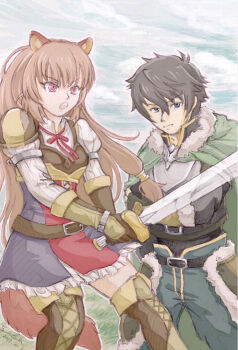  1boy 1girl alternate_breast_size_(smaller) animal_ear_fluff animal_ears armor belt black_belt black_dress black_gloves black_hair black_shirt boots breastplate breasts brown_armor brown_belt brown_dress brown_gloves brown_hair brown_shirt closed_mouth collared_dress collared_shirt commentary_request cowboy_shot dress elbow_gloves eyelashes fingerless_gloves fur-trimmed_armor fur_trim gloves grass green_eyes green_pants grey_armor hair_between_eyes high_collar holding_own_arm iwatani_naofumi layered_dress leather_armor light_frown long_hair long_sleeves looking_at_viewer messy_hair metal_arm_cuffs metal_hair_tubes metal_wrist_cuffs neck_ribbon open_mouth outdoors outline pants pauldrons pinstripe_dress pinstripe_pattern raccoon_ears raccoon_girl raccoon_tail raphtalia red_dress red_eyes red_ribbon ribbon saeki_luca_(aka) shirt short_dress short_hair short_sleeves shoulder_armor single_pauldron sleeveless sleeveless_dress small_breasts straight_hair tail tassets tate_no_yuusha_no_nariagari teeth thigh_boots thighhighs two-tone_dress upper_teeth_only v-shaped_eyebrows white_dress white_outline zettai_ryouiki 