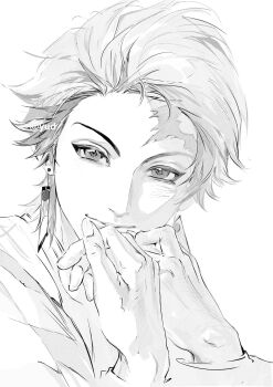  1boy blush closed_mouth earrings fingernails greyscale hanafuda_earrings highres jewelry kamado_tanjirou kimetsu_no_yaiba looking_at_viewer male_focus monochrome scar scar_on_face scar_on_forehead short_hair simple_background smile solo twitter_username white_background yud79317724 