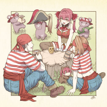  1boy 2girls absurdres animal_costume bandana bear_costume black_thighhighs blue_pants breasts cleavage commentary_request covered_navel cropped_jacket hair_ribbon heterochromia highres hololive houshou_kumarine houshou_marine houshou_marine_(1st_costume) jacket large_breasts leotard leotard_under_clothes looking_at_viewer moto_oji-san multiple_girls open_mouth pants red_bandana red_eyes red_jacket red_ribbon red_shirt red_skirt ribbon shirt skirt sleeveless sleeveless_jacket smile striped_clothes striped_shirt thighhighs virtual_youtuber white_shirt yellow_eyes 