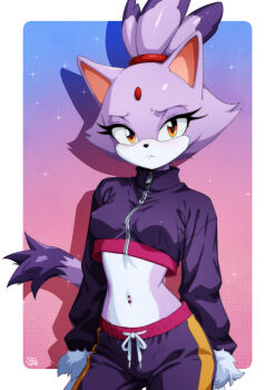  1990s_(style) 1girl animal_ears animal_nose arms_at_sides artist_name blaze_the_cat blaze_the_cat_(summer_sports) blush body_fur breasts cat_ears cat_girl cat_tail closed_mouth colored_tips covered_erect_nipples cowboy_shot cropped_jacket drawstring drop_shadow female_focus forehead_jewel fur-trimmed_sleeves fur_trim furry furry_female gem gradient_background gravydood hair_tie jacket light_blush long_sleeves looking_at_viewer mario_&amp;_sonic_(series) mario_&amp;_sonic_at_the_olympic_games_(2007) medium_breasts midriff multicolored_hair navel nose_blush orange_eyes pants pink_background pink_trim purple_fur purple_hair purple_jacket purple_pants red_gem retro_artstyle short_hair signature simple_background solo sonic_(series) sparkle split_mouth standing stomach sweatpants tail topknot track_jacket two-tone_fur white_fur zipper zipper_pull_tab  rating:Sensitive score:0 user:AngryZapdos