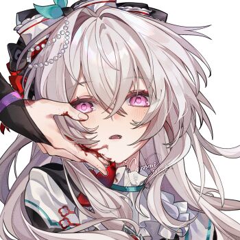  1boy 1girl artist_name artist_request ascot beads black_bow black_bridal_gauntlets blood blood_on_clothes blood_on_face blood_on_hands blue_trim blush bow bracelet bridal_gauntlets commission commissioner_insert crossed_bangs curtained_hair dress eyelashes eyeliner frilled_shirt_collar frills genshin_impact hair_beads hair_between_eyes hair_bow hair_intakes hair_ornament hand_on_another's_face hayami_momo_(hayamimomo) highres jewelry long_hair looking_at_viewer makeup mole multiple_hair_bows oc_x_canon open_mouth original pink_eyes red_bow red_eyeliner red_trim scaramouche_(genshin_impact) second-party_source sidelocks teeth tongue tsurime upper_teeth_only watermark watermark_grid white_ascot white_bow white_dress white_hair 