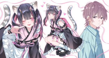  2boys ;p absurdres animal_ear_fluff animal_ears apron arm_belt artist_name backpack bag bare_shoulders black_hair black_horns black_sash black_shoes black_sleeves blue_shirt bracelet center-flap_bangs cho_kaguya-hime! closed_mouth clothing_cutout collared_shirt crossdressing crossdressing_(mtf) double-parted_bangs dress dual_persona earrings expressionless extra_ears finger_to_mouth fingernails frilled_apron frilled_kimono frilled_sleeves frills gradient_horns grey_eyes hashtag-only_commentary heart heart_cutout highres horns japanese_clothes jewelry kimono kimono_dress komazawa_noi legs_together legwear_garter long_fingernails long_hair long_sleeves looking_at_viewer looking_to_the_side loving_aura male_focus mary_janes mikan_(artist) multicolored_eyes multicolored_hair multicolored_horns multiple_boys multiple_bracelets multiple_views nail_polish o-ring o-ring_thigh_strap obi obijime one_eye_closed oni pink_bag pink_dress pink_eyes pink_hair pink_horns pink_kimono pink_nails pink_ribbon pink_streaks platform_shoes projected_inset ribbon sash shin_strap shirt shoes short_dress short_hair short_kimono sleeve_garter sleeveless sleeveless_kimono smile socks squatting streaked_hair striped_tail tail tail_raised thigh_strap tiger_boy tiger_ears tiger_tail tongue tongue_out trap twintails twitter_username two-tone_eyes two-tone_hair waist_apron white_apron white_background white_socks white_tail wide_sleeves wing_collar 