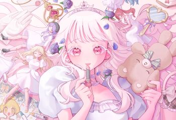  1girl :d bag bare_arms blue_bow blue_bowtie blue_flower blue_petals blue_ribbon blue_rose blush bow bowtie breasts brown_bag choker collarbone colored_eyelashes commentary_request cosmetics crayon crayon_drawing doll drawing_(object) dress earrings envelope flower frilled_bag frilled_choker frilled_dress frills gem gloves hair_flower hair_ornament hair_spread_out hand_mirror handbag hands_up heart heart-shaped_gem heart-shaped_mirror heart_choker highres hitose_rei holding holding_lipstick_tube jewelry leaf lipstick_tube long_hair looking_at_viewer lying mirror multicolored_nails nail_polish on_back open_mouth original pearl_choker petals pink_bow pink_eyes pink_gem pink_nails plaid_bag princess puffy_short_sleeves puffy_sleeves ribbon rose rose_petals short_bangs short_sleeves sidelocks small_breasts smile solo straight-on striped_bow striped_bowtie striped_clothes stud_earrings stuffed_animal stuffed_toy swept_bangs tareme teddy_bear teeth tiara tongue two-tone_bow two-tone_bowtie two-tone_nails unworn_gloves upper_teeth_only very_long_hair wavy_hair white_bow white_choker white_dress white_eyelashes white_gloves white_hair white_nails white_tiara yellow_bow yellow_bowtie 