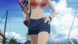  1girl ahoge air_bubble animated bikini blonde_hair blowing_bubbles blue_eyes boat breasts bubble christine_(lazarus) cleavage diving diving_mask fish goggles highres large_breasts lazarus lipstick long_hair makeup navel parted_lips partially_submerged red_lips shorts solo submerged swimming swimsuit tagme underwater video watercraft 