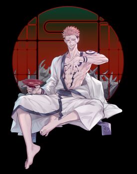  1boy :q abs absurdres arm_out_of_sleeve arm_tattoo barefoot black_background black_nails chest_tattoo collarbone commentary_request facial_tattoo feet fingernails forehead_tattoo full_body highres holding invisible_chair japanese_clothes jujutsu_kaisen kan_(forest_kan) kimono looking_at_viewer male_focus multiple_tattoos muscular muscular_male navel nipples pectorals pile_of_skulls pink_hair red_eyes ryoumen_sukuna_(jujutsu_kaisen) sharp_fingernails short_hair simple_background sitting solo suggestive_fluid tattoo teeth toenails tongue tongue_out undercut veins veiny_arms white_kimono wrist_tattoo 