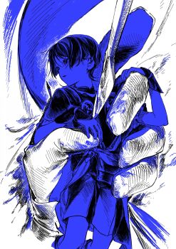  1boy armor blunt_ends bodysuit commentary_request empty_eyes frilled_sleeves frills genshin_impact hands_up hatching_(texture) highres japanese_armor japanese_clothes jewelry juban kananishi kimono kote layered_sleeves looking_to_the_side male_focus mandarin_collar mitsudomoe_(shape) monochrome neck_ring o-ring open_clothes open_kimono parted_lips sash scalpel scaramouche_(genshin_impact) short_sleeves shorts sketch solo tomoe_(symbol) white_background 