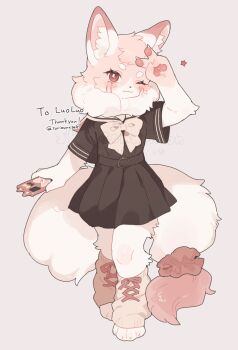  1girl animal_ear_fluff animal_ears arm_up belt black_belt black_serafuku black_shirt black_skirt body_fur bow bowtie cellphone commentary commission english_text full_body furry furry_female gomafuto grey_bow grey_bowtie grey_hair highres holding holding_phone leg_warmers neck_fur one_eye_closed original pawpads phone pink_ribbon pleated_skirt red_eyes ribbon school_uniform serafuku shirt simple_background skeb_commission skirt smartphone solo standing star_(symbol) tail tail_scrunchie v watermark 