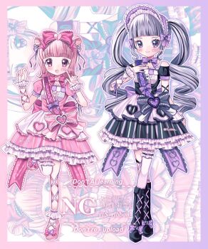  2girls accurate_lolita_coord black_dress black_hair blush bonnet boots bow commentary commission double_bun dress fashion frilled_dress frills gothic_lolita hair_bow hair_bun hairband hashtag-only_commentary heart highres lolita_fashion lolita_hairband long_hair long_sleeves looking_at_viewer medium_hair multiple_girls original pink_bow pink_dress pink_hair shoes skeb_commission smile socks sweet_lolita twintails watermark yuni_(s_ribbon) 