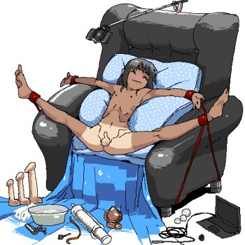  1boy aliasing anal_beads anus ass bdsm black_hair blush bondage bound butt_plug camera chair chiisan closed_eyes computer dildo enema lowres male_focus nipples nude penis rope selfie_stick sex_toy shota simple_background small_penis solo spread_legs tan tanline white_background  rating:Explicit score:112 user:Sakari