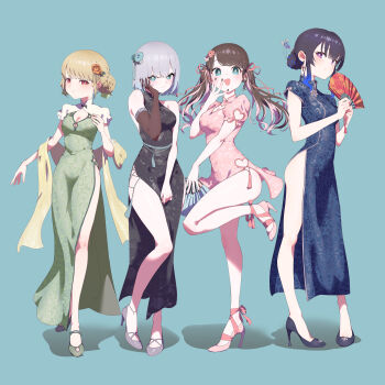  4girls :3 absurdres alternate_costume anklet bare_shoulders black_dress black_hair black_nails black_shoes blonde_hair blue_dress braid breasts brown_hair bun_with_braided_base china_dress chinese_clothes chinese_hairpin cleavage cleavage_cutout clothing_cutout double_bun dress earrings elbow_gloves floral_print flower full_body gloves gradient_hair green_background green_dress green_eyes green_shoes grey_hair grey_shoes hair_bun hair_flower hair_ornament hair_ribbon hand_fan hand_on_own_cheek hand_on_own_face heart heart_cutout heart_earrings high_heels highres holding holding_fan ichinose_uruha jewelry kaga_nazuna kaga_sumire kogara_toto light_smile long_dress lupinus_virtual_games medium_hair multicolored_hair multiple_girls niboshidrip open_mouth paper_fan parted_bangs parted_lips pink_dress pink_hair pink_shoes puffy_short_sleeves puffy_sleeves purple_eyes red_eyes ribbon shoes short_dress short_sleeves shrug_(clothing) side_slit sideways_glance simple_background single_elbow_glove sleeveless sleeveless_dress standing standing_on_one_leg stole streaked_hair tassel tassel_hair_ornament thighs twintails two-tone_hair virtual_youtuber vspo! white_shrug 