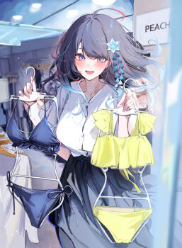  1girl ahoge bikini black_hair black_skirt blue_bikini blue_eyes blue_hair blurry blush breasts buttons ceiling ceiling_light clothes_hanger clothes_shop collarbone commentary_request cover cover_page dengeki_bunko depth_of_field floating_hair frilled_bikini frills gradient_hair green_bikini hair_ornament hands_up hidaka_mikoto high-waist_skirt highres holding holding_clothes_hanger holding_unworn_clothes indoors komupi light_particles long_hair long_skirt looking_at_viewer multicolored_hair novel_cover novel_illustration official_art open_mouth red_hair shirt shirt_tucked_in shop short_sleeves shujinkou_no_osananajimi_ga_wakiyaku_no_ore_ni_guigui_kuru side-tie_bikini_bottom sidelocks skirt smile solo standing swimsuit swimsuit_hanger unworn_swimsuit very_long_hair white_shirt 