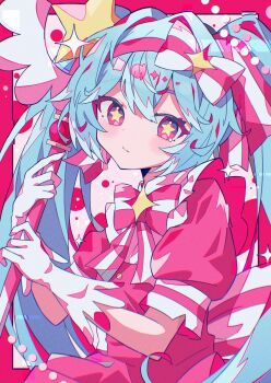  1girl aramedraw blue_hair blush border bow bow_hairband bowtie closed_mouth commentary double-parted_bangs dress gloves hair_ribbon hairband hatsune_miku highres ima_sugu_rinne_(vocaloid) long_hair looking_at_viewer magical_girl outside_border pink_border pink_bow pink_bowtie pink_dress pink_eyes pink_hairband pink_ribbon ribbon short_sleeves solo star-shaped_pupils star_(symbol) striped_bow striped_bowtie striped_clothes striped_ribbon symbol-shaped_pupils twintails upper_body vocaloid white_gloves 