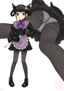  1girl absurdres apron bag black_boots black_dress black_hair black_nails black_pantyhose blunt_bangs blush boots bow buckle collar collared_dress dot_nose dress ears_through_headwear female_focus fingernails frilled_apron frilled_collar frilled_dress frills from_below hair_ornament hair_rings hand_on_own_hip handbag highres kuromi light_blush loli long_sleeves medium_hair multiple_views my_melody nail_polish nao_suke neck_bobbles neck_ribbon original panties panties_under_pantyhose pantyhose pigeon-toed plaid_apron plaid_bow plaid_clothes plaid_collar puffy_sleeves purple_eyes ribbon short_dress sidelocks simple_background smile solo standing underwear upskirt watermark white_background white_panties  rating:Questionable score:63 user:LittleLoliPanties