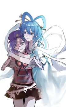  2girls blue_dress blue_hair chinese_clothes commentary_request dress hagoromo hair_ornament highres hug jiangshi kaku_seiga kckhsrrr miyako_yoshika multiple_girls red_dress shawl short_hair touhou 