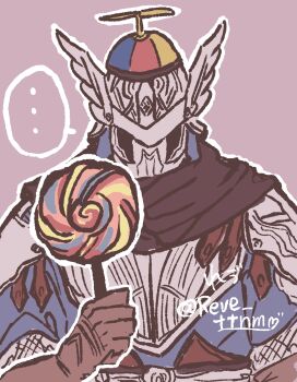  ... 1boy arm_up armor black_scarf breastplate brown_gloves candy chainmail elden_ring elden_ring_nightreign food gloves hashtag-only_commentary helmet highres holding holding_candy holding_food holding_lollipop knight lollipop male_focus oimo_imooi pauldrons propeller_hat scarf shoulder_armor simple_background solo speech_bubble spoken_ellipsis swirl_lollipop twitter_username winged_helmet wylder_(elden_ring) 