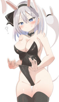  1girl ? @_@ absurdres black_hairband black_leotard black_thighhighs blush breasts cleavage closed_mouth commentary_request daru_(kumakumadon) ghost grey_eyes grey_hair groin hairband highres konpaku_youmu konpaku_youmu_(ghost) large_breasts leotard leotard_pull navel playboy_bunny pulling_own_clothes simple_background solo thighhighs touhou white_background 