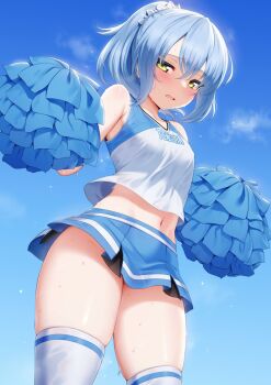 1other arms_up bare_shoulders blue_hair blue_skirt blue_sky blue_theme blush breasts cheerleader covered_erect_nipples crossed_bangs embarrassed eyelashes groin hair_between_eyes highres holding holding_pom_poms light_blue_hair long_hair looking_at_viewer m-da_s-tarou microskirt midriff miniskirt navel open_mouth outdoors pleated_skirt pom_pom_(cheerleading) pom_poms ponytail rimuru_tempest shiny_skin shirt skirt sky sleeveless small_breasts solo sweat tensei_shitara_slime_datta_ken thighs white_shirt yellow_eyes rating:Sensitive score:337 user:danbooru