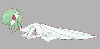  1other bob_cut colored_skin dress gardevoir gen_3_pokemon green_hair green_skin grey_background hair_over_one_eye multicolored_skin nintendo pink_eyes pokemon pokemon_(creature) simple_background sok_(mr14_c) two-tone_skin white_dress white_skin 