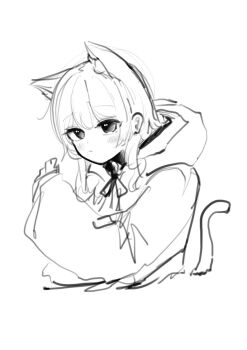  1girl animal_ears arknights cat_ears cat_girl cat_tail closed_mouth commentary_request cropped_tail cropped_torso expressionless extra_ears greyscale haesagadoenraempeuai highres hood hood_down hooded_jacket jacket korean_commentary light_blush long_sleeves looking_at_viewer monochrome neck_ribbon ribbon rosmontis_(arknights) simple_background sketch sleeves_past_wrists solo straight_hair tail white_background 