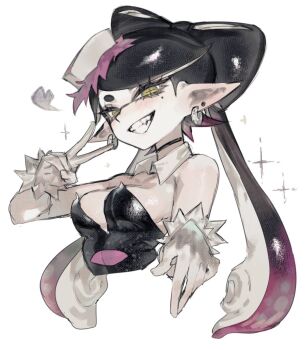  black_hair breasts callie_(splatoon) callie_(squid_sisters_outfit)_(splatoon) commentary_request earrings gloves inkling jewelry long_hair mole mole_under_eye nintendo pointy_ears smile splatoon_(series) splatoon_1 tentacle_hair togetoge v yellow_eyes 