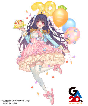  1girl :d ahoge anniversary artist_name balloon blue_bow blue_hair blush bow cake commentary_request copyright_notice cropped_jacket dress food frilled_dress frills ga_bunko highres holding holding_balloon holding_cake holding_food kinoshita_ringo_(no-rin) kippu layered_dress leg_up long_sleeves necktie no-rin open_mouth pink_necktie pink_shoes second-party_source shoes smile solo strapless strapless_dress striped_clothes striped_dress thighhighs two_side_up underbust white_background white_thighhighs zettai_ryouiki 