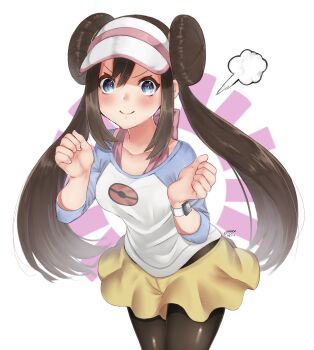  1girl absurdres blue_eyes blush brown_hair closed_mouth collarbone commentary_request cowboy_shot double_bun hair_between_eyes hair_bun hands_up highres leaning_forward long_hair nintendo pantyhose pokemon pokemon_bw2 puff_of_air raglan_sleeves rosa_(pokemon) shirt short_shorts shorts sidelocks signature smile solo twintails visor_cap white_background xtransceiver yazune yellow_shorts 