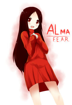  1girl :d alma_wade blush brown_hair butter-t dress f.e.a.r. female_focus long_hair open_mouth red_dress red_eyes red_skirt skirt smile solo  rating:Sensitive score:33 user:danbooru