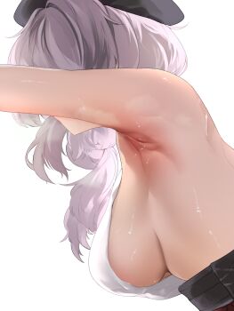 1girl armpit_focus armpits arms_up artist_request bare_shoulders beret black_hat breasts commentary_request commission covering_face from_side hair_over_shoulder hat highres korean_commentary long_hair medium_breasts multicolored_hair no_bra original outstretched_arms second-party_source shirt sideboob simple_background sleeveless sleeveless_shirt solo streaked_hair sweat upper_body white_background white_hair white_shirt rating:Sensitive score:60 user:danbooru