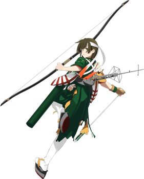  1girl aircraft archery arrow_(projectile) bow_(weapon) brown_eyes brown_hair burnt_clothes flight_deck from_behind full_body geta gloves green_hakama green_kimono hakama headband highres hiryuu_(kancolle) hiryuu_kai_san_(kancolle) japanese_clothes kantai_collection kimono kyuudou looking_at_viewer official_art orange_kimono partially_fingerless_gloves partly_fingerless_gloves quiver shibafu_(glock23) short_hair solo tasuki third-party_source transparent_background two-tone_kimono weapon white_headband yugake yumi_(bow) 
