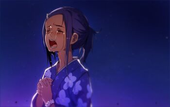  1girl blue_background blue_kimono bunbun closed_eyes commentary_request crying floral_print hair_ornament hairclip hands_on_own_chest japanese_clothes kimono open_mouth original ponytail purple_hair scrunchie sidelocks solo streaming_tears tears upper_body wrist_scrunchie 