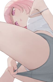  1girl blush breasts clothing_aside from_below grey_shorts hiroki_(yyqw7151) looking_down original panties pink_eyes pink_hair shirt short_hair shorts shorts_aside sitting small_breasts smile strap_slip tank_top tongue tongue_out underwear white_background white_panties white_shirt 