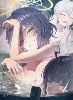  4girls absurdres ahoge aqua_eyes artist_name bare_arms bathing black_hair blue_archive blush breasts brown_hair cleavage closed_eyes commentary_request drum_(container) drum_bath embarrassed grey_halo halo highres large_breasts long_hair miyako_(blue_archive) miyu_(blue_archive) moe_(blue_archive) multiple_girls open_mouth partially_submerged rabbit_platoon_(blue_archive) red_eyes saki_(blue_archive) short_hair solo_focus splashing surprised sushispin wet wet_face wet_hair white_hair wide-eyed yellow_halo 