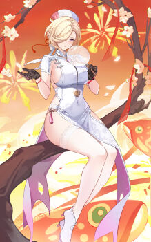  1girl absurdres baige_chen black_gloves blonde_hair braid branch breasts chinese_commentary chinese_new_year commentary_request coronis_(springseek)_(stella_sora) coronis_(stella_sora) covered_navel dress fireworks fish flower full_body gloves hair_between_eyes hair_over_one_eye hand_fan hands_up hat high_heels highres holding holding_fan large_breasts legs looking_at_viewer nurse nurse_cap official_alternate_costume on_branch orange_background parted_lips pelvic_curtain purple_eyes short_hair short_sleeves side_slit sideboob sideless_dress sitting_on_branch smile solo stella_sora swept_bangs tassel thighhighs thighs white_dress white_hat white_thighhighs 