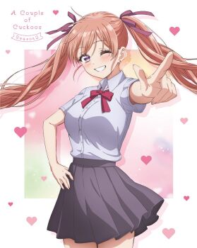  1girl ;d amano_erika black_skirt blu-ray_cover border breasts collared_shirt commentary_request copyright_name cover cowboy_shot earrings grey_shirt grin hair_ribbon hand_on_own_hip heart heart_background jewelry kakkou_no_iinazuke large_breasts long_hair neck_ribbon official_art one_eye_closed open_mouth orange_hair outside_border pleated_skirt pointing purple_eyes red_ribbon ribbon school_uniform shirt skirt smile solo twintails white_border 