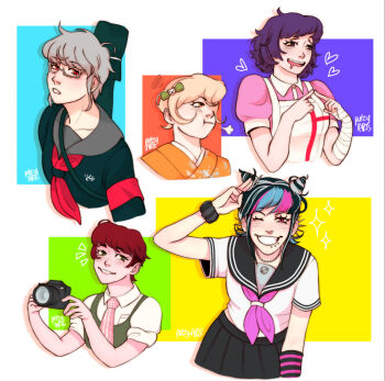  5girls :t alternate_hair_length alternate_hairstyle apron armband black_hair black_nails black_sailor_collar black_shirt black_skirt blue_hair blue_streaks blush bow breast_pocket closed_mouth collared_shirt commentary cropped_arm cropped_shoulders cropped_torso danganronpa_(series) danganronpa_2:_goodbye_despair drooling drop_shadow ear_piercing elbow_gloves english_commentary eyelashes face_piercing fingernails freckles gloves green_bow green_eyes grey_hair hair_bow hair_horns heart highres index_fingers_together jewelry koizumi_mahiru long_sleeves messy_hair mioda_ibuki mouth_drool mouth_piercing multicolored_hair multiple_girls nail_polish neckerchief necklace necktie notice_lines one_eye_closed open_mouth orange_eyes pekoyama_peko piercing pink_eyes pink_hair pink_shirt pink_streaks plaid_clothes plaid_necktie pocket pout puff_of_air puffy_short_sleeves puffy_sleeves purple_eyes purple_hair rectangular_eyewear red_armband red_eyes red_hair red_neckerchief sailor_collar saionji_hiyoko salute scabbard school_uniform scrunchie semi-rimless_eyewear serafuku sheath shirt short_hair short_sleeves signature single_elbow_glove skirt smile streaked_hair striped_clothes striped_gloves teeth toastybugguy tsumiki_mikan two-finger_salute upper_teeth_only very_short_hair white-framed_eyewear white_apron white_hair white_shirt wrist_scrunchie 