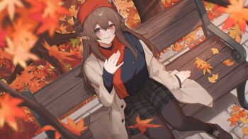  1girl autumn_leaves bench bird_girl blue_sweater brown_coat brown_feathers brown_hair brown_shoes coat commentary english_commentary feather_hair_ornament feathers grey_eyes grey_skirt hair_between_eyes hair_ornament hand_on_own_chest hat heterochromia highres indie_virtual_youtuber kumi_(vtuber) leaf long_hair long_sleeves looking_at_viewer looking_up orange_eyes orange_hat orange_scarf pantyhose pointy_ears scar scar_across_eye scar_on_face scarf shoes sitting skirt smile solo sweater tree virtual_youtuber zinkaa 