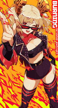  1girl 1yen absurdres black-framed_eyewear black_jacket black_shorts black_thighhighs black_tube_top blonde_hair breasts burnice_white character_name chinese_commentary cleavage commentary cropped_jacket dated gun hand_on_own_hip highres jacket large_breasts looking_at_viewer looking_over_eyewear midriff one_eye_closed open_mouth orange_background red-tinted_eyewear red_eyes short_twintails shorts solo spiked_belt strapless sunglasses thighhighs tinted_eyewear tube_top twintails weapon zenless_zone_zero 