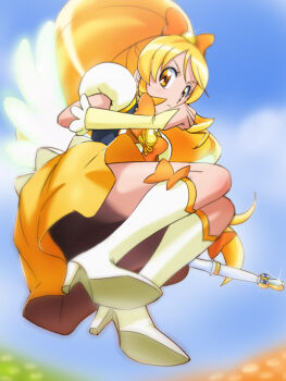  10s 1girl blonde_hair boots brooch cure_honey female_focus happinesscharge_precure! haruyama_kazunori heart heart_brooch jewelry long_hair magical_girl no_panties oomori_yuuko ponytail precure solo wide_ponytail wings yellow_eyes  rating:Questionable score:9 user:danbooru