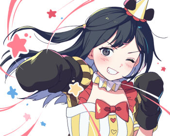  1girl ;d black_dress black_hair blush bow bowtie boxing_gloves clenched_hands collarbone commentary_request double-parted_bangs dress frilled_dress frills grey_eyes grin hands_up hat incoming_attack incoming_punch infinity!_our_wings!! long_hair looking_at_viewer love_live! love_live!_nijigasaki_high_school_idol_club meobbab2 mini_hat multicolored_dress neck_ruff official_alternate_costume one_eye_closed one_side_up open_mouth party_hat puffy_short_sleeves puffy_sleeves punching red_bow red_bowtie revision short_sleeves simple_background smile solo square_neckline star_(symbol) striped_clothes striped_dress upper_body v-shaped_eyebrows white_background white_dress yellow_dress yuki_setsuna 
