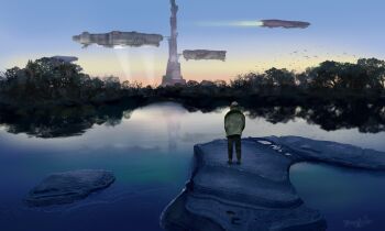  1other aircraft ambiguous_gender black_pants coat commentary english_commentary evening forest full_body gradient_sky grand_scale green_coat hat highres lake manavu nature original outdoors pants reflection reflective_liquid scenery science_fiction signature simple_bird sky standing tower tree watermark 