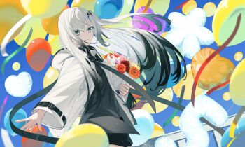  1girl absurdres allial_(coefont) balloon black_shorts bouquet coat coefont cowboy_shot flower from_side gradient_hair grey_eyes grey_shirt hair_ornament hairclip heart_balloon highres holding holding_bouquet hood hood_down hooded_coat long_hair multicolored_hair nagishiro_mito official_art one_side_up parted_lips shirt shorts star_balloon too_many_balloons very_long_hair white_coat white_hair 