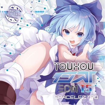  1girl :d aiming aiming_at_viewer album_cover album_name blue_bow blue_dress blue_eyes blue_hair blush bow brown_shoes chikuwa_savy cirno commentary cover dress finger_gun foot_out_of_frame foreshortening hair_bow highres knees open_mouth puffy_short_sleeves puffy_sleeves shoes short_hair short_sleeves smile solo spacelectro title touhou white_background 