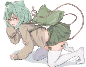  1girl :d backpack bag bandaid_on_thigh bright_pupils brown_eyes brown_sweater bulbasaur commentary_request from_side gen_1_pokemon green_bag green_hair green_skirt gyaru_bulbasaur_(shin_no_tenpii) highres long_sleeves looking_to_the_side medium_hair mok4suke nintendo open_mouth personification plant pleated_skirt pokemon shirt skirt sleeves_past_wrists smile solo sweater thighhighs vines white_pupils white_thighhighs 