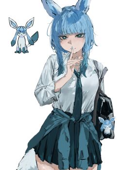  1girl animal_ears bag bag_charm blue_bag blue_hair blue_nails blue_necktie blue_skirt blush breasts charm_(object) clothes_around_waist collared_shirt commentary_request cosplay cowboy_shot finger_to_mouth gen_4_pokemon glaceon hand_up highres jacket jacket_around_waist long_finger medium_breasts microskirt nail_polish necktie nintendo personification pleated_skirt pokemon pokemon_(creature) raberu_ruru school_uniform shirt short_hair shoulder_bag shushing sidelocks simple_background skirt sleeves_rolled_up slit_pupils smile solo tail thighs white_background 