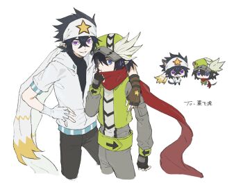  2boys animal_ears aotu_world arm_around_shoulder asymmetrical_gloves bandana belt black_gloves black_hair black_pants black_shirt blue_eyes brothers brown_gloves camil_(aotu_world) cat_boy cat_ears cat_tail chibi chibi_inset chinese_commentary chinese_text commentary_request cropped_legs fingerless_gloves gloves green_belt green_hat green_vest grey_pants grey_shirt hair_between_eyes hand_on_own_hip hat hat_feather headband highres hood hood_down hooded_jacket jacket kemonomimi_mode keoper looking_at_viewer male_focus multicolored_gloves multiple_boys multiple_views pants parted_lips pointy_ears print_gloves print_headband purple_eyes ray_(aotu_world) red_scarf scarf shirt short_hair siblings simple_background smile star_(symbol) star_print tail turtleneck vest white_background white_gloves white_headband white_jacket 